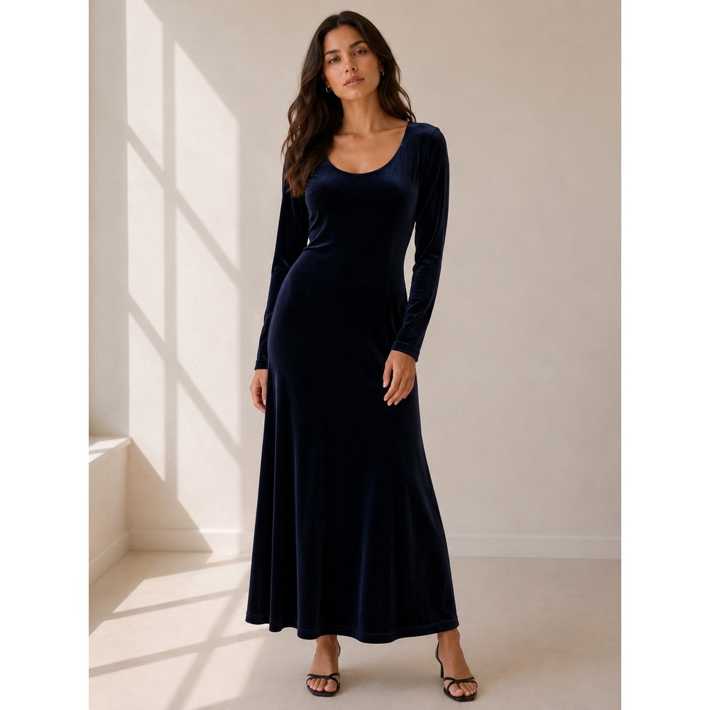 Moda International Midi Dress Women Medium Navy Blue Velvet Long Sleeve witchy